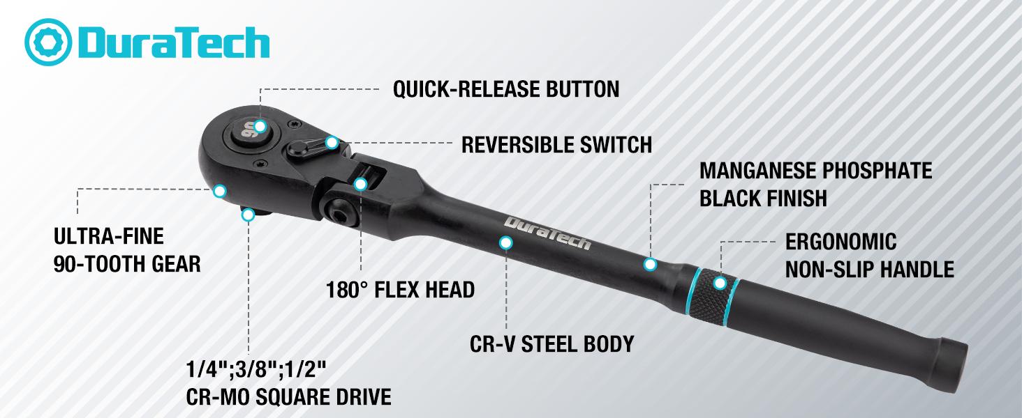 #backtoschool DURATECH 3-Piece Flex-Head Drive Ratchet Handle, 1/4", 3/8", 1/2" 90-Tooth Quick-Release Ratchet Wrench with 180° Pivoting Head & 7-Position Setting, Reversible, CR-V Made, Black Mn Phosphate Finish