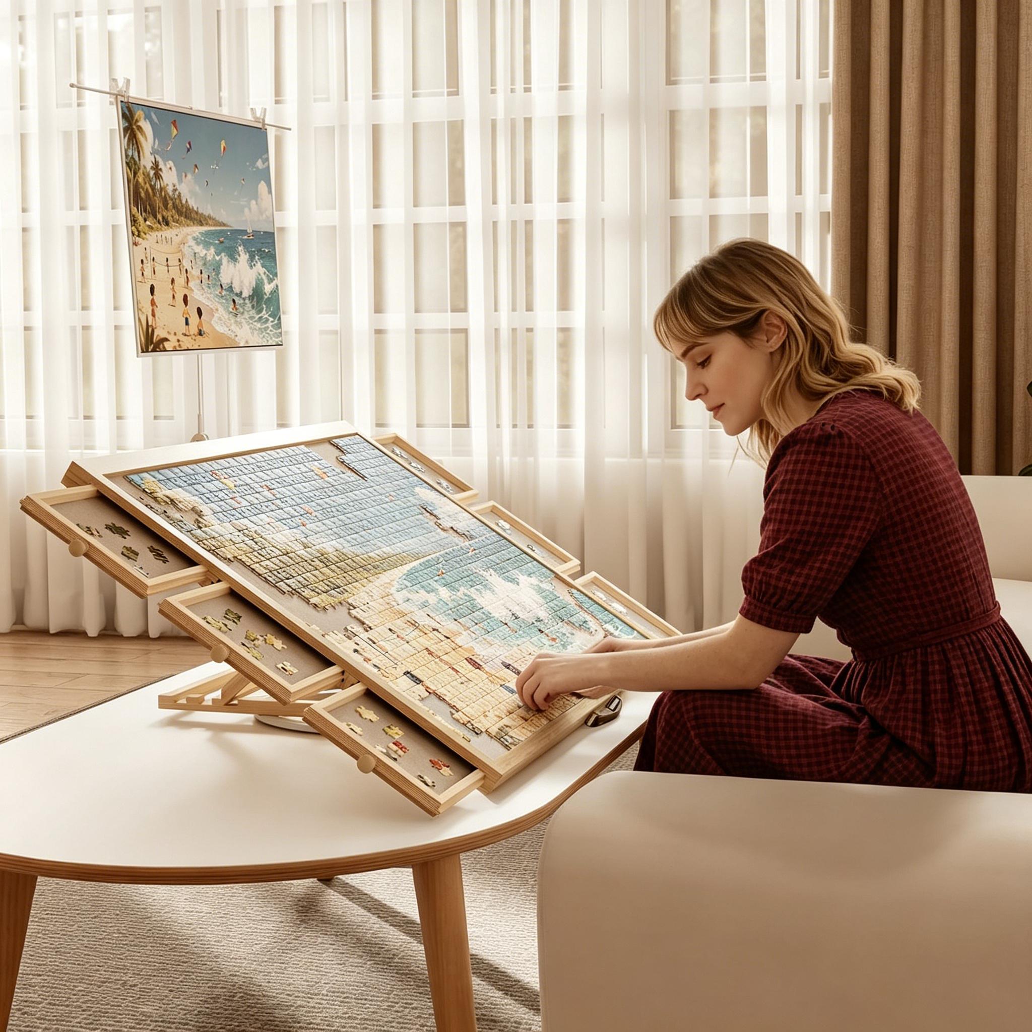 Foldable Wooden Jigsaw Puzzle Table, 2-in-1 Tilting & Rotating Puzzle Board for 1500 Pieces, 36”×26” Portable Puzzle Easel with 4 Non-Woven Drawers, Upgraded Puzzle Storage Table for Adults & Kids, Ideal Gift for Mom