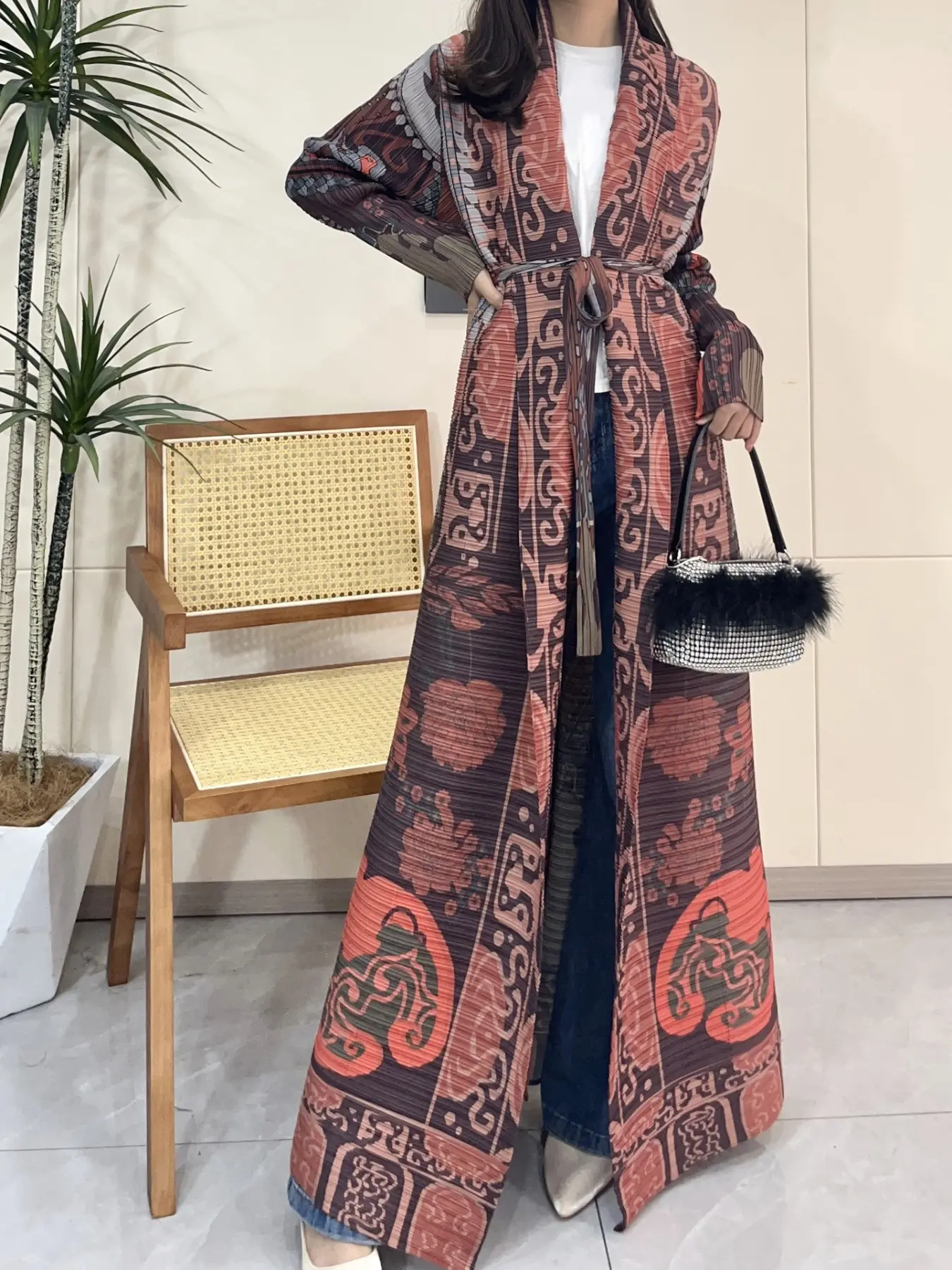 Muslim Women Summer Classic Floral Print Pleated Loose-Fit Long Sleeve Coat, Autumn Versatile Woven Fabric Jacket, Casual Fashion Outerwear, Ideal for Heights 165cm+ Clothes