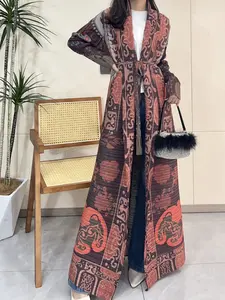 Muslim Women Summer Classic Print Pleated Loose-Fit Long Sleeve Coat, Autumn Versatile Woven Fabric Jacket, Casual Fashion Outerwear, Womenswear