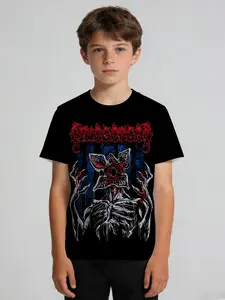 Boys' Short-Sleeve T-Shirt: Graphic Print Tee, core design of dark monster pattern & metal-style text, dark hardcore punk-trendy style, sharp black-red-white-blue contrast, fit for daily casual & trendy personalized outfits.