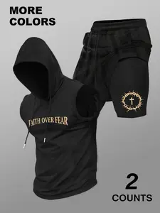 Men's Fitness Hooded Tank Top & Shaping Shorts Set, Casual Summer Wear, Fitted Regular Length, Moderate Fabric Thickness Workout Casual Wear, Workout Gym Clothing