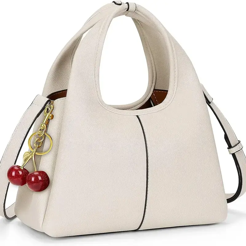 Cream Crescent Hobo Handbag for Women with Cute Cherry Bag Charm, Y2K Slouchy Shoulder Purse Top Handle Tote, Fashion Crossbody Satchel with Fruit Keychain, Trendy Aesthetic Gift Leather Underarm Bag