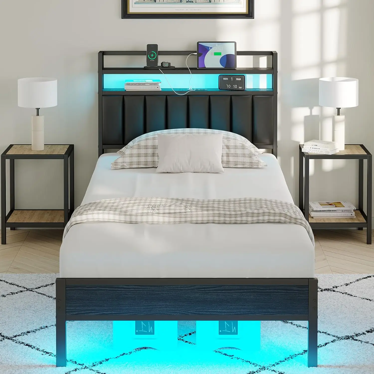 CollaredEagle Twin/Full/Queen Bed Frame with LED Lights, Upholstered Headboard, Charging Station, Storage Shelves, Heavy Duty Metal Slats, No Box Spri