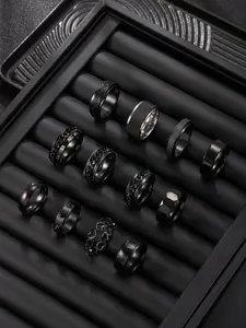 Men's Durable Stainless Steel Stackable Rings Set, Fashionable Hollow Geometric Design, Hip Hop Punk Style, Ideal for Daily Commute, Dates, Parties, Stacking Ring Set