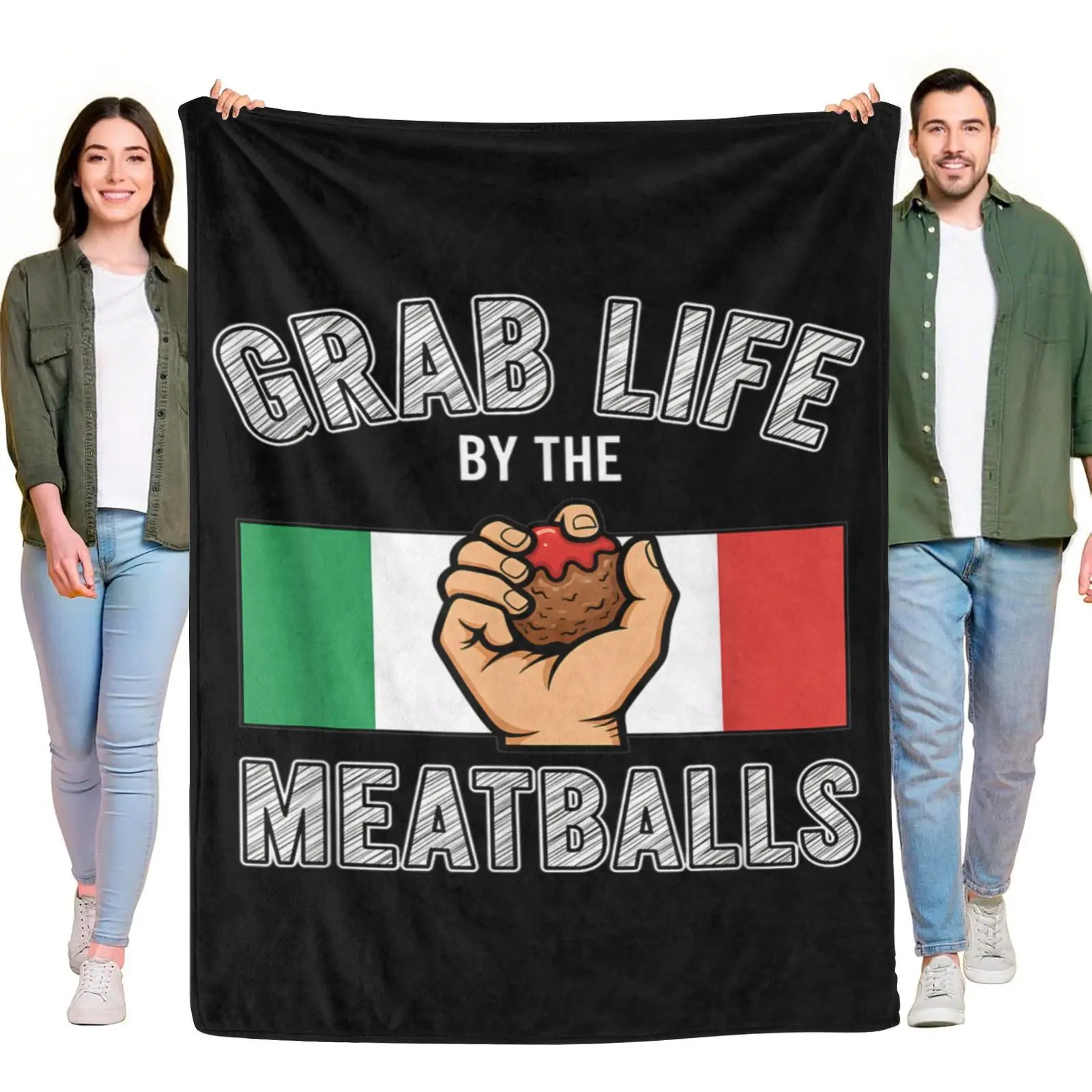 Grab Life By The Meatballs Italian Flag Funny Food Pun Throw Blanket, Vintage Sketch Hand Holding Meatball Graphic Lightweight Blanket For Italian Food Lovers