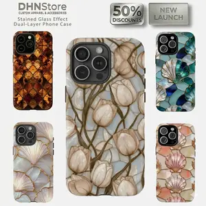 DHNStore Luxury Protective Smartphone Case - Aesthetic Faux Hibiscus, Iridescent & Seashell Stained Glass Effect, Dual-Layer Mobile Device Accessories Casing, Wireless-Friendly Artistic Mosaic Gift For Her, Fits iPhone 17/16/15/14/13/12 Pro Max
