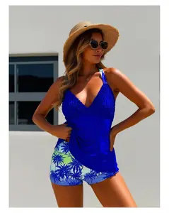 Tankini Swimsuit for Women - Bright Blue V-Neck Swim Top with Tropical Print Swim Shorts - Two Piece Bathing Suit - XL - Flowy, Comfortable, Beach Wear