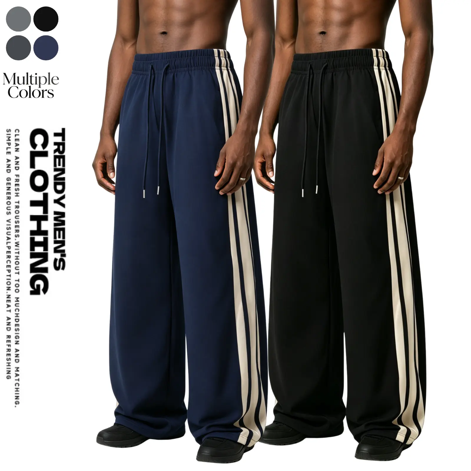Men's Stylish Striped Casual Track Pants - Long Menswear Sportswear with Side Stripes, Drapey Polyester Blend, Relaxed Wide-Leg Fit, Drawstring Waist