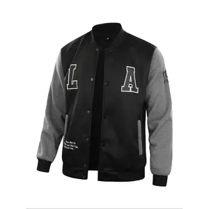 Men's Letter Print Patchwork Pocket Button Front Varsity Jacket, Loose Casual Long Sleeve Mock Neck Outerwear for Spring & Fall, Fashion Men's Clothes for Daily Wear