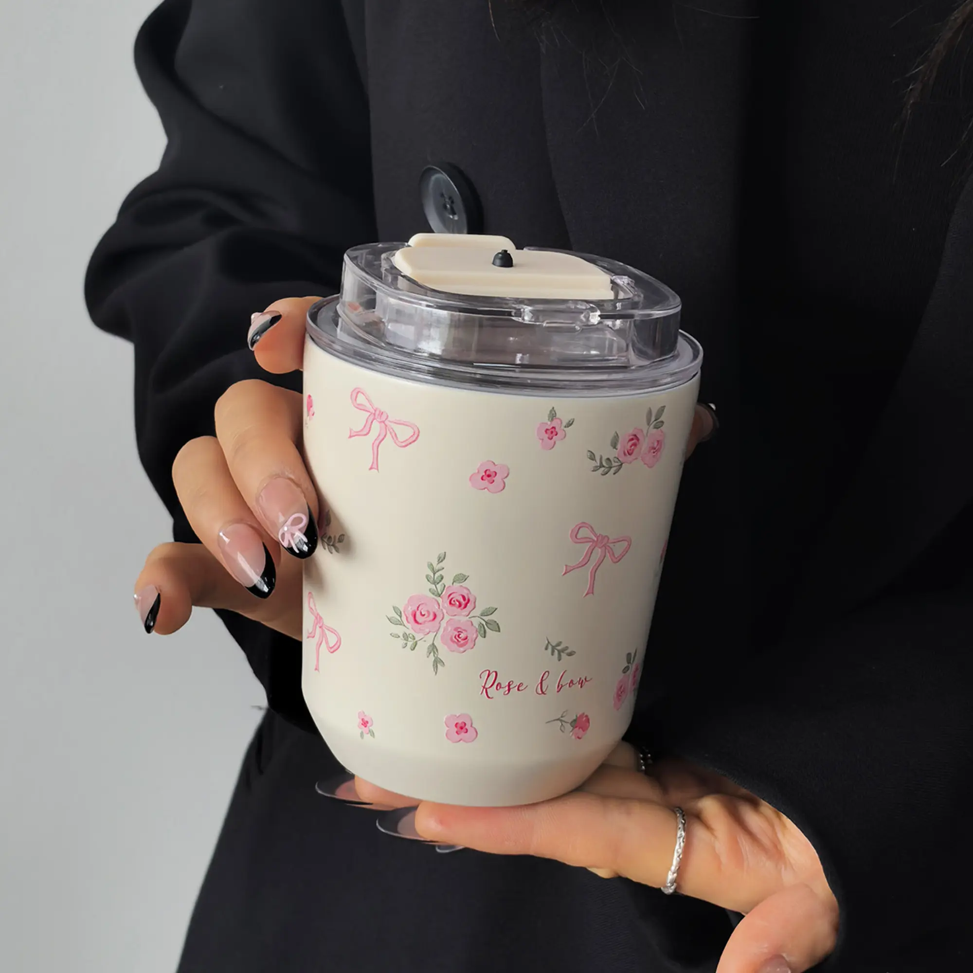 Bowknot Small Floral Stainless Steel Thermal Insulated Cup, Insulated Mug, 280ML-380ML Dual-Layer Thermos Bottle, Ideal for Gym Office Home Travel Gifts, Drinkware, Insulated Water Bottle, Stainless Steel Tumbler