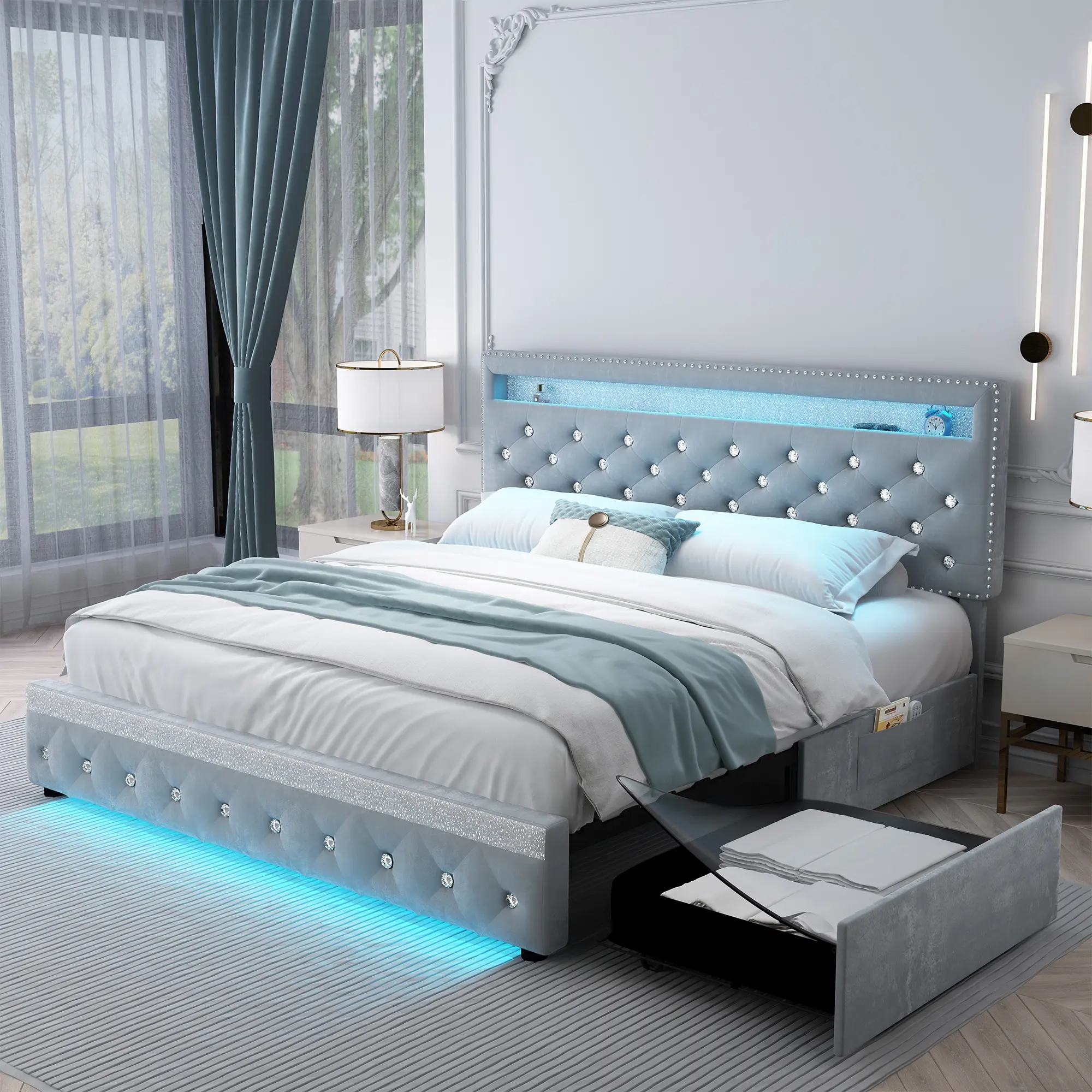 [Summerwins] Sibeds Queen LED Bed Frame with 2 Storage Drawers, Adjustable Crystal Tufted Headboard, No Box Spring Needed, Upholstered in PU Leather or Velvet, Black/White/Beige/Gray