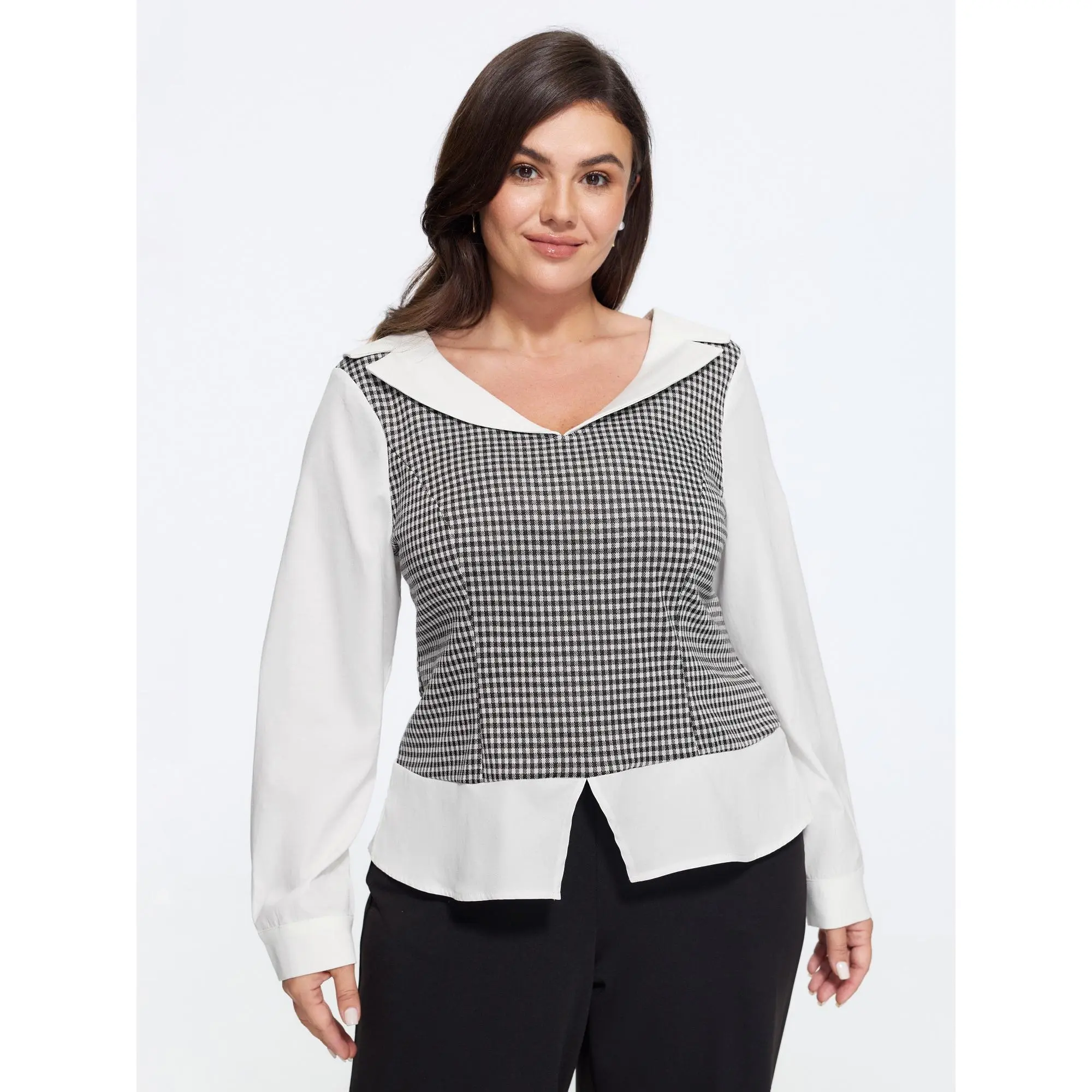 BLOOMCHIC Women's Plus Size Lapel Neck Houndstooth Patchwork Long Sleeve Fitted Blouse, Casual Spandex Smooth Garment with Flat Fit [M-6X] Summerfinds, Plaid