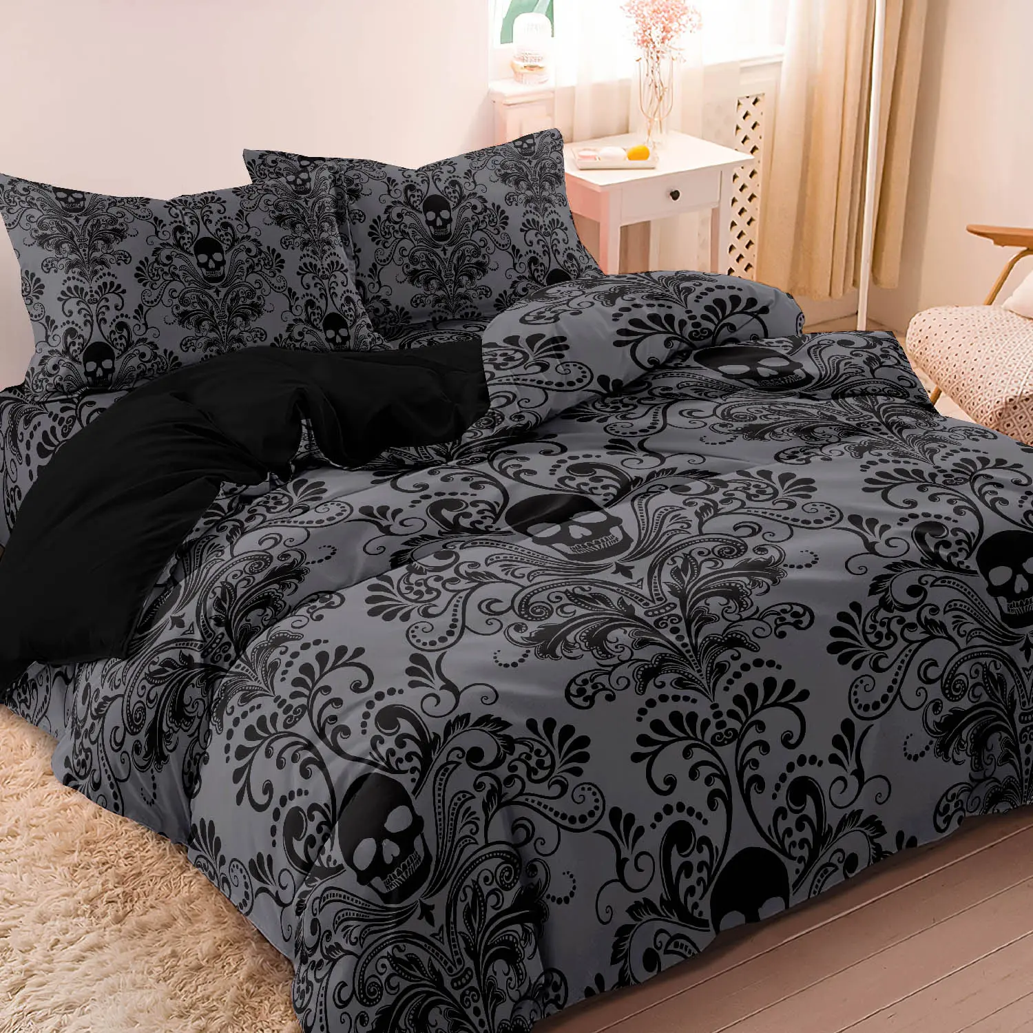 3pcs Soft & Breathable Duvet Cover Bedding Set - HD Black Floral Skull Pattern, Includes 1 Duvet Cover and 2 Pillowcases (No Insert) - Perfect for All Seasons, Machine Washable, Halloween Present Bedroom Theme Bedding Set, Duvet Cover Sets