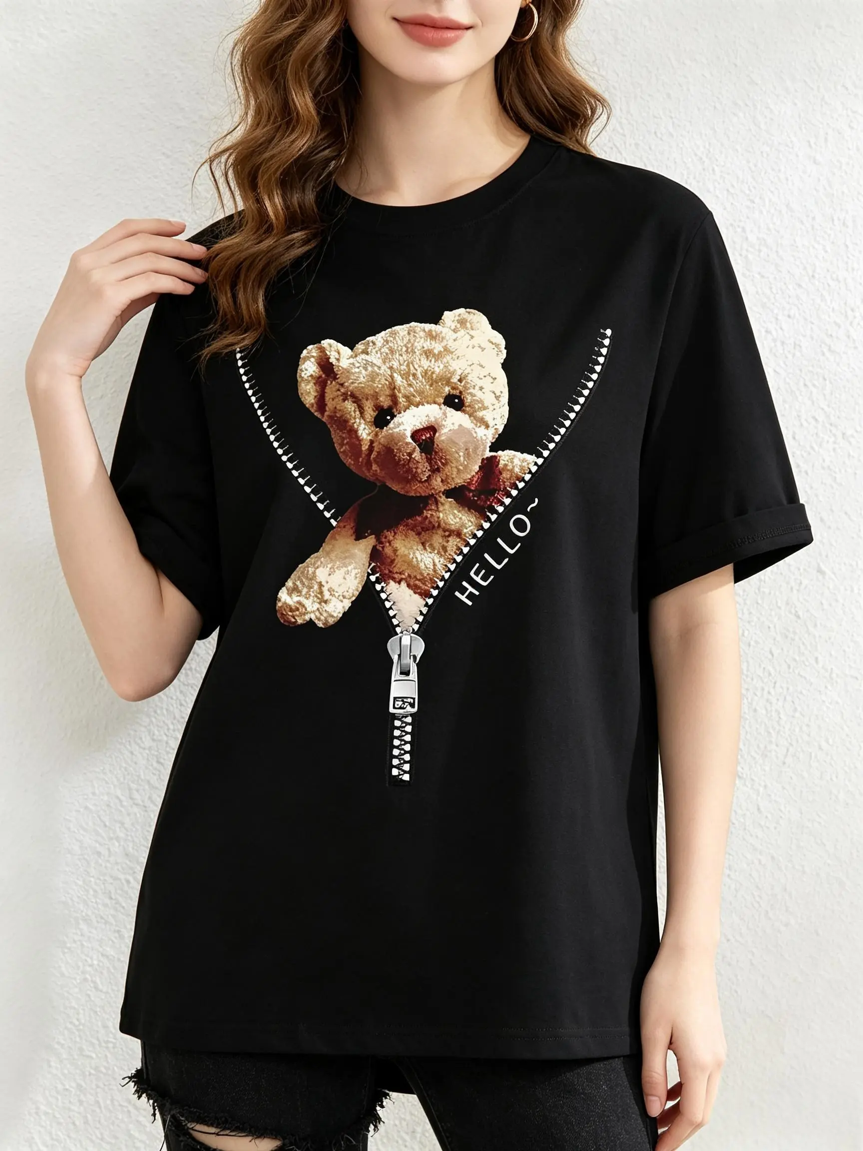 Women's Casual T-Shirt with Fuzzy Plush Teddy Bear Zipper Graphic, Shortsleeve Cotton Streetwear Top, Fabric, Fitted, Style, Crew Neck, Valentines Day, Outdoors, Lightweight