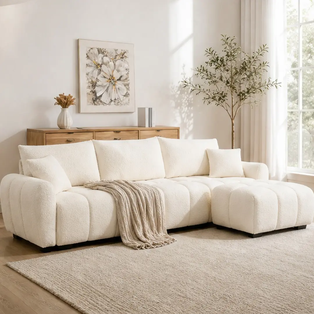 110" 4-Seat Modular L-Shape Sectional Sofa with Extra-Large Seat, Pull-Line Design, Movable Ottoman, High-Density Foam, Sturdy Metal-Wood Frame, Boucle Fabric, Cream/Green/Orange Options, Living Room Couch