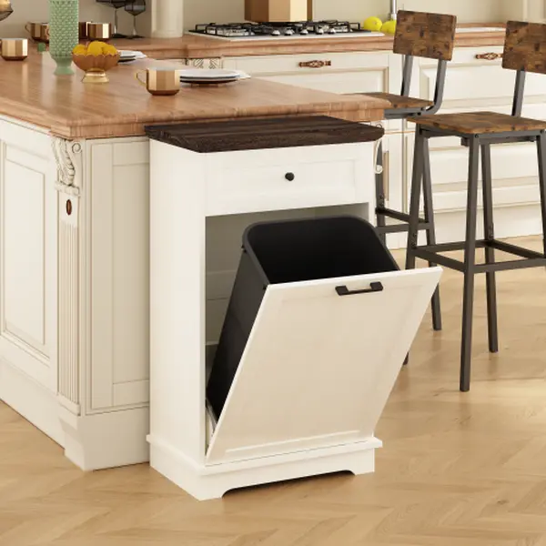Bellemave Tilt-Out Hidden Wooden Cabinet with Drawer, Free-Standing 10 Gal Home Trash Can, Trash Cans for Kitchen & Laundry Room Household Waste Bin (White)