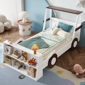 Twin Size Car Bed with Storage Shelves, Kids Platform Bed with Cute Car-shape, Childlike Design, Brown & White