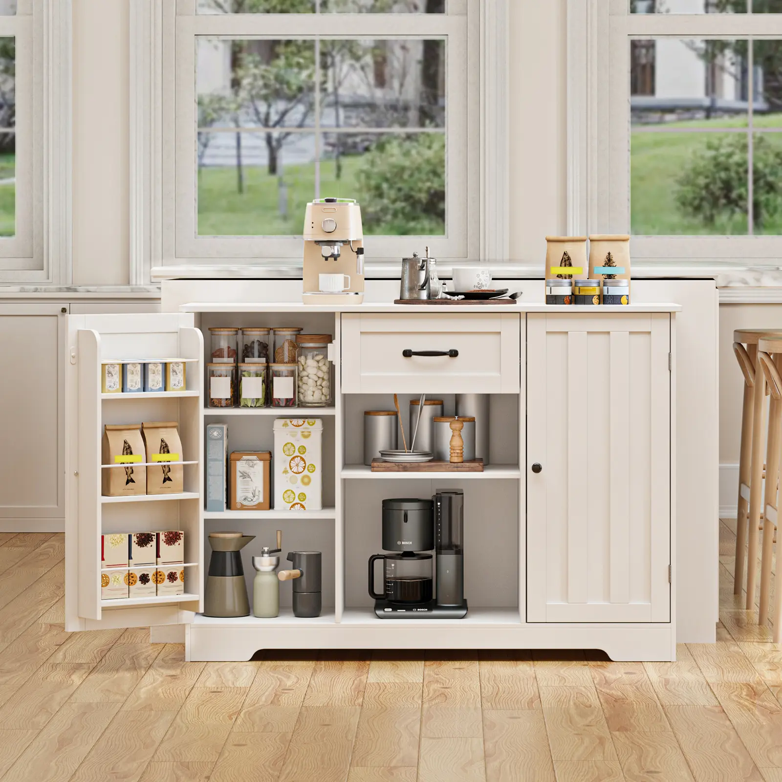 Gizoon 45" Width Rectangle Sturdy Wood & MDF Freestanding Hutch Cabinet - Adjustable Shelves, 1 Drawer, 1 Door Storage, Moisture-Resist, Water-Resistant, Flat Base, Wall Mount Option - Multi-Use Coffee Bar for Living Room, Laundry Room