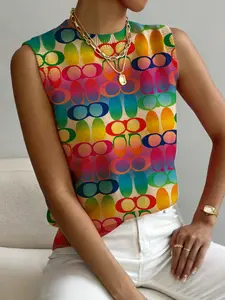 Women's Geometric Pattern Colorblock Sweater, Casual Elegant Sleeveless Knit Top, Comfortable Warm Clothing for Spring Summer Fall