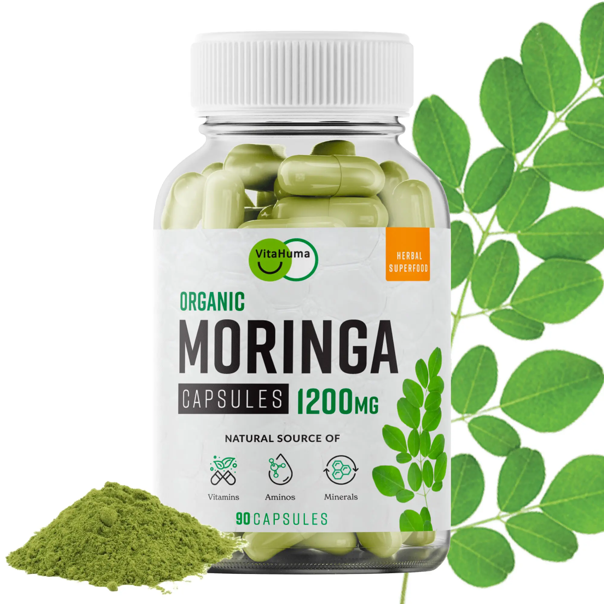 Vitahuma Organic Moringa Nutrient-Dense Antioxidant Boost for Hydration & Energy: 1200 MG Serving, Vegan with Vitamins & Minerals, 30-Day Supplement