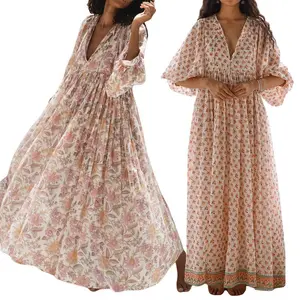 Women’s long-sleeved 3/4-sleeve V-neck floral loose summer casual swing dress GARMENTARY