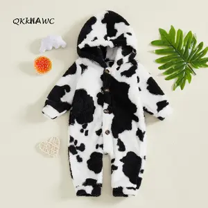 Baby Boys Girls Plush Jumpsuit Long Sleeve Animal/Heart Print Hooded Jumpsuit Newborn Romper