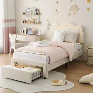Twin Size Upholstered Smart LED Bed Frame with Adjustable Bear Headboard, Storage Drawers, Velvet Finish, Wooden Slats Support, No Box Spring Needed, Beige Princess Platform Bed for Girls, LED Lights, Easy Assembly, Color Changing, 10-12" Mattresses