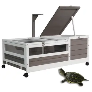 PetsCosset Tortoise Habitat Wooden Tortoise House, Indoor Turtle Enclosure Outdoor Reptile Cage with Removable Bottom, Light Support, Openable Roof for Turtloies