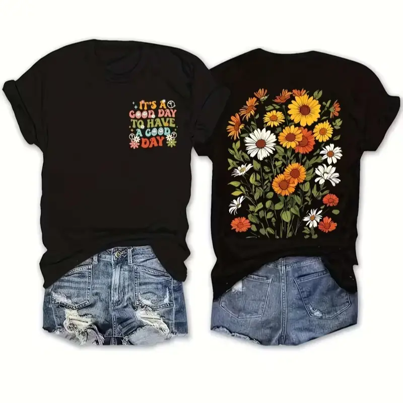 Men's Fitted Casual Round Neck Shortsleeve Soft Cotton T-Shirt - Breathable, Foldable Retro Floral Sunflower Print, "It's A Good Day" Positive Quote, Boho Daisy Bouquet Back Print, Vintage Aesthetic Top, Casual Fit