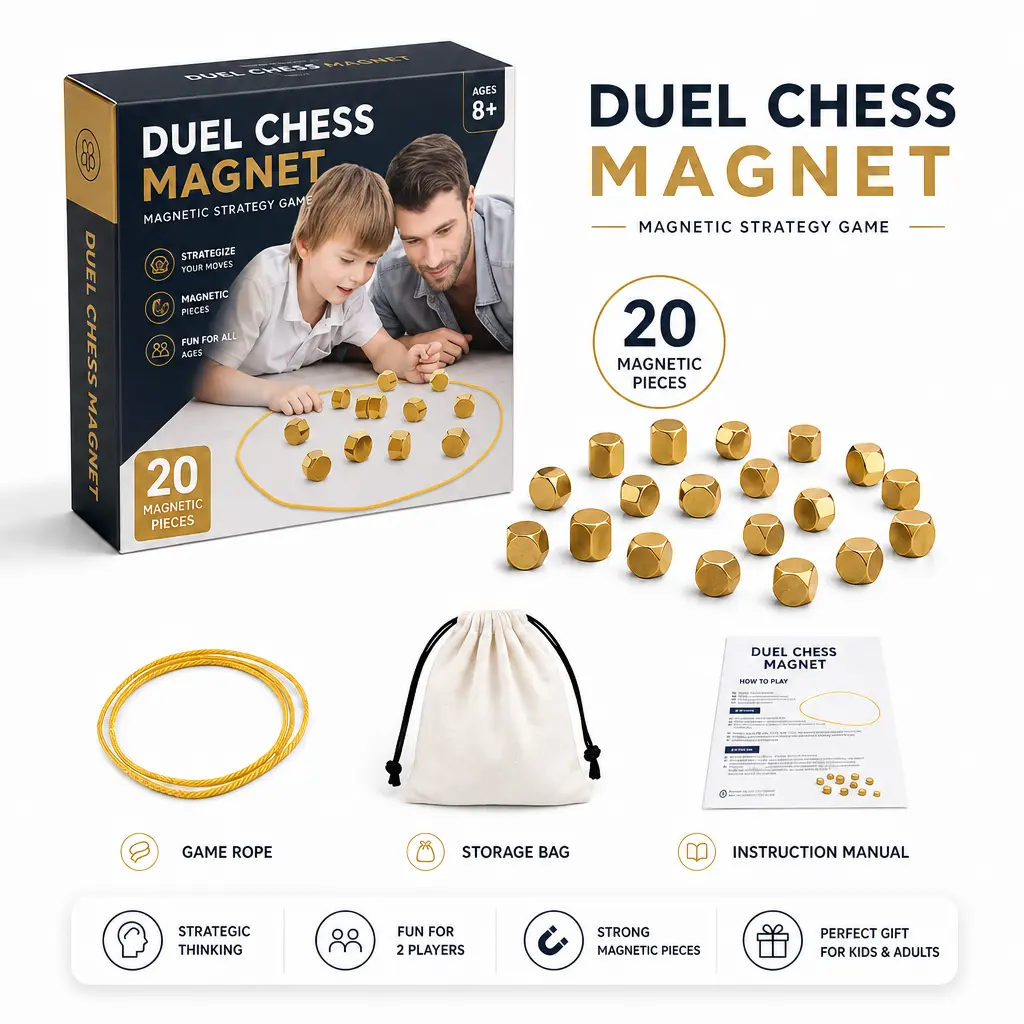 Magnetic Chess Game with 20 Golden Pieces & Rope - Fun 2-Player Strategy Board Game for Kids & Adults, Portable Family Party Tabletop Toy with Storage Bag, Ideal for Travel & Game Night