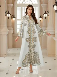 Middle Eastern Women's New Fabric Printed Embellished Dress, Arabic Long Robe Evening Gown Abayas Full Beaded Jalabiya, Abayas For Eid