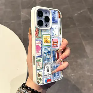 Magnetic Compatible Case for iPhone 17 16 E Pro Max 15 Plus 14 13 12 11 XS XR, Pastel Vintage Travel Stamp Collage Print | Silicone, Lightweight, Aesthetic, Scratch Resistant, and Cute Protection