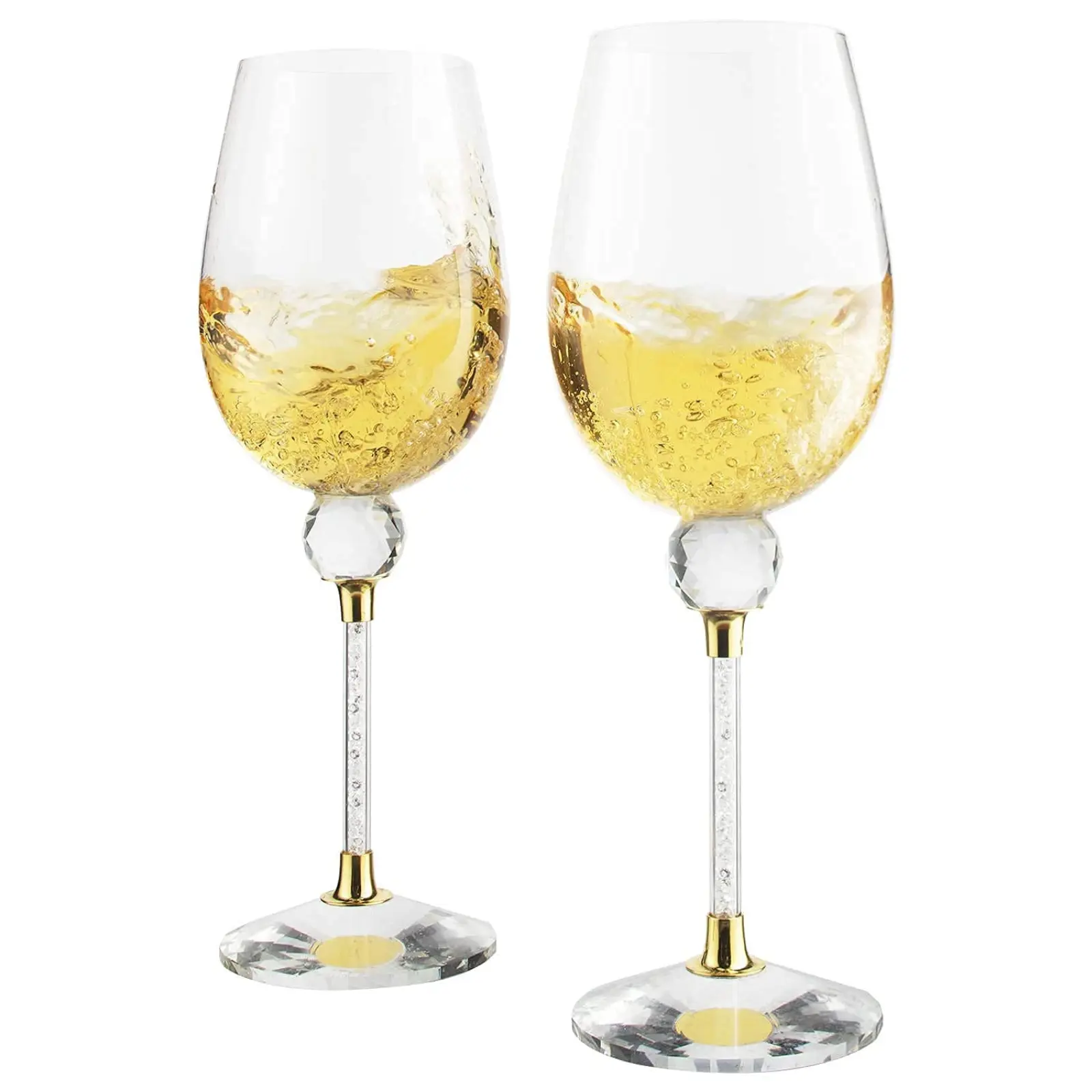 Rhinestone DIAMOND Studded Wine Glasses 16 Ounces - Set of 2 -Long Stem10-inches Tall, Gold and Laser Cut Sparkling Wine Wedding Glasses, Elegant Crystal - For Everyday, Weddings, Parties, Glassware