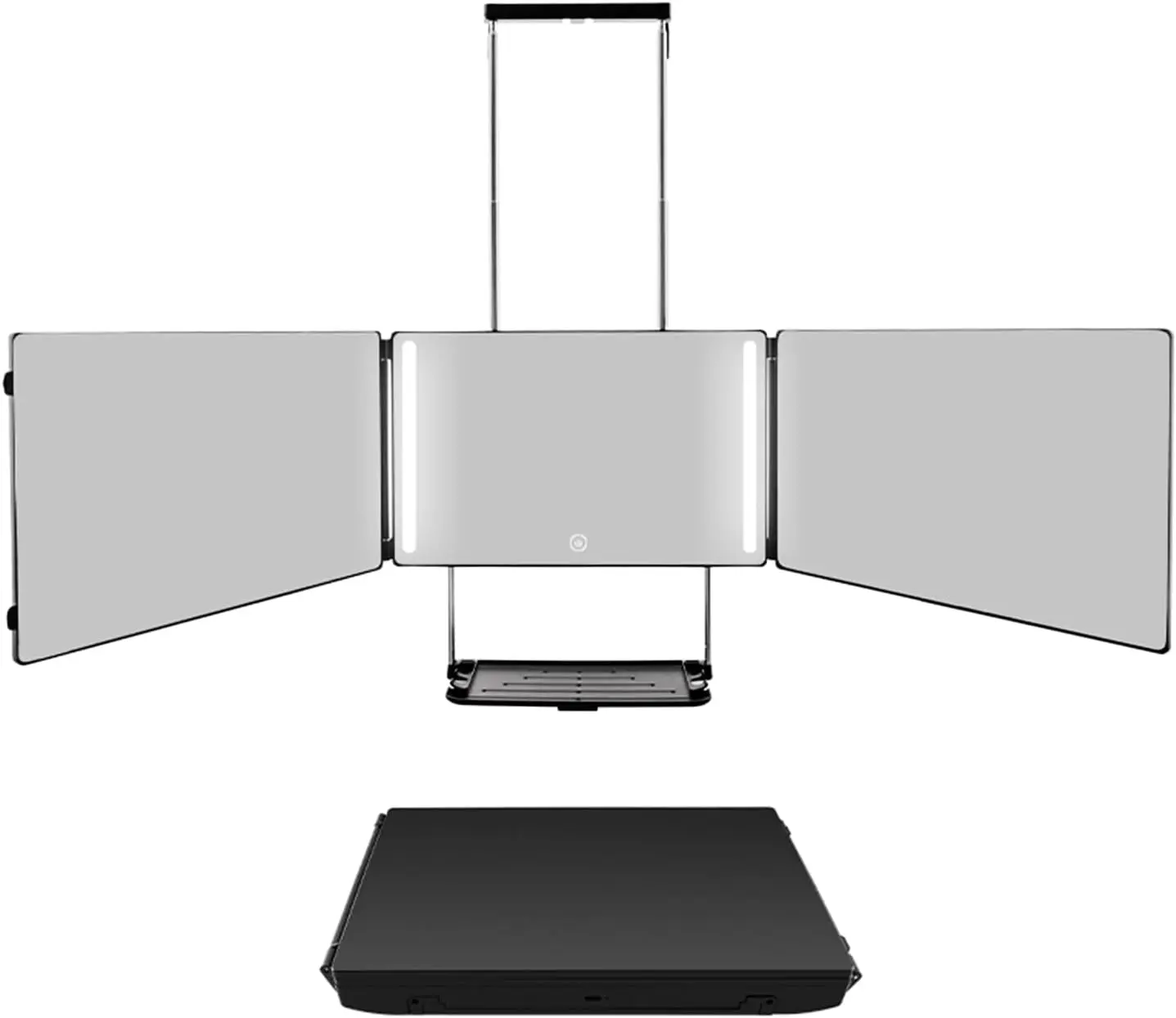 3 Way Mirror with 2 Led Lights and Shelf,Folding 360 Self Cut Mirror for Men & Women,with Dimmable LED,Rechargeable, Adjustable Hook for Wall/Door/Tabletop,for Haircuts Makeup Braiding Shaving