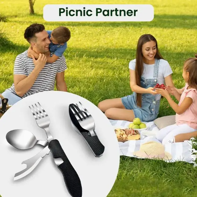 Ergonomically Designed Foldable Detachable Multi-Purpose Knife Fork Spoon Set - Robust Material Camping Supplies for Hiking, Backpacking