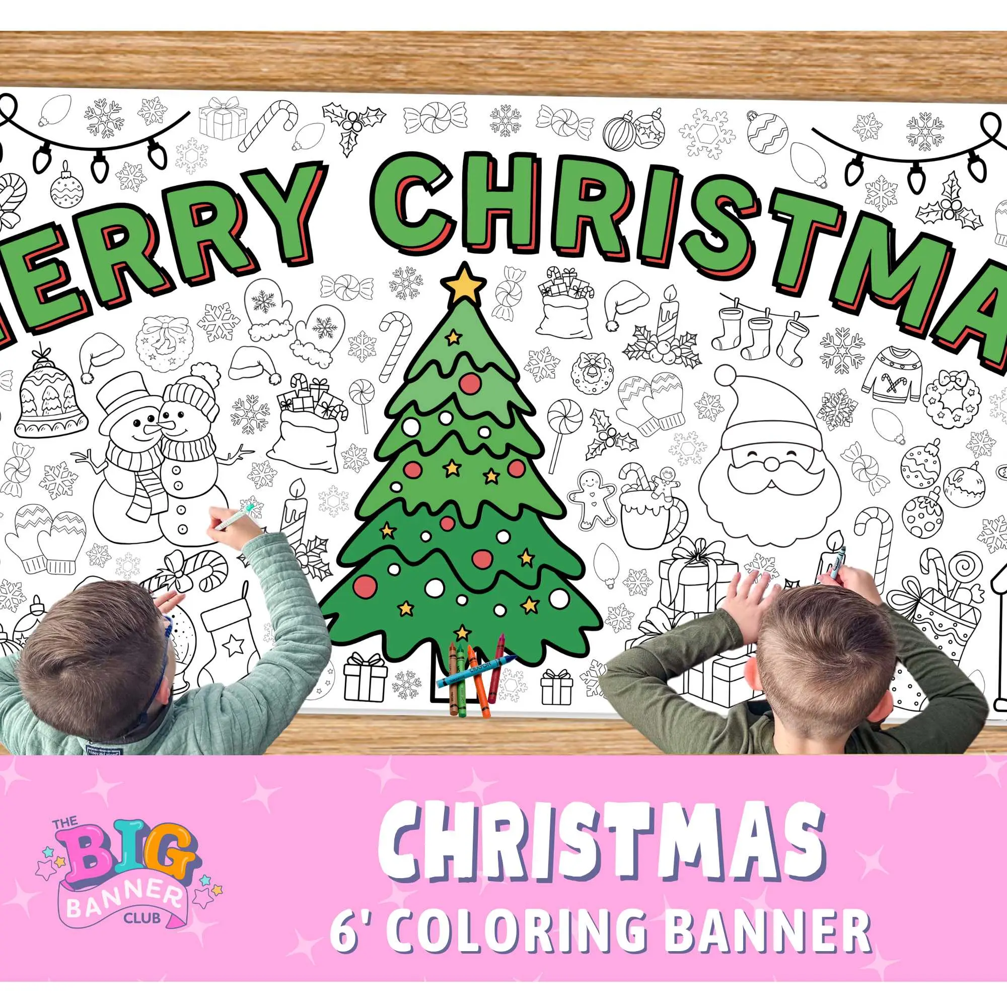 Christmas Coloring Banner | Merry Christmas | Santa Snowman Snowflakes | Giant Coloring Banner