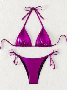 Metallic Contrast Bikini Set, Stylish Swimsuit for Women, Perfect for Beaches & Pools, Trendy Swimwear for Summer