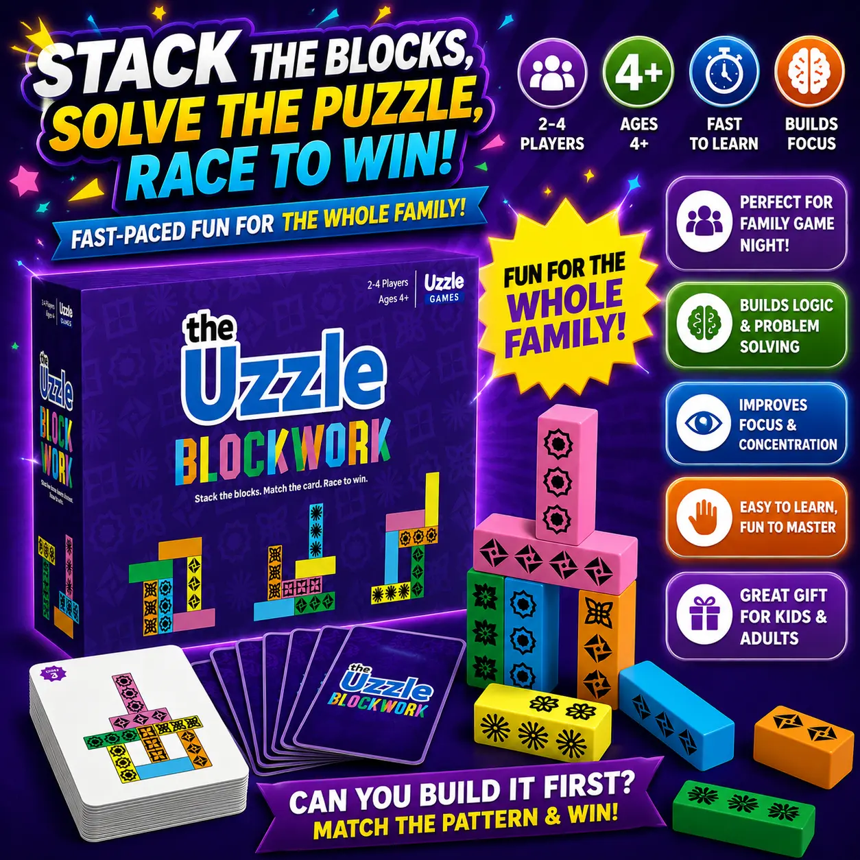 The Uzzle Blockwork – Fast-Paced Family Puzzle Board Game | Ages 4+ | 2–4 Players | Pattern Stacking & Block Matching Game