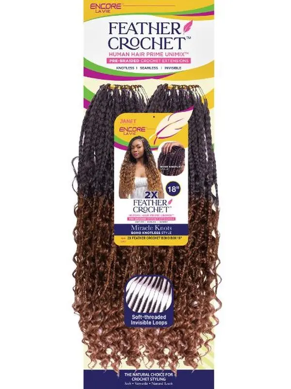 Janet Collection Human Hair Blend Encore Lavie Feather Crochet 2X BOHO BOX Pre-Braided Knotless Crochet Hair 18"