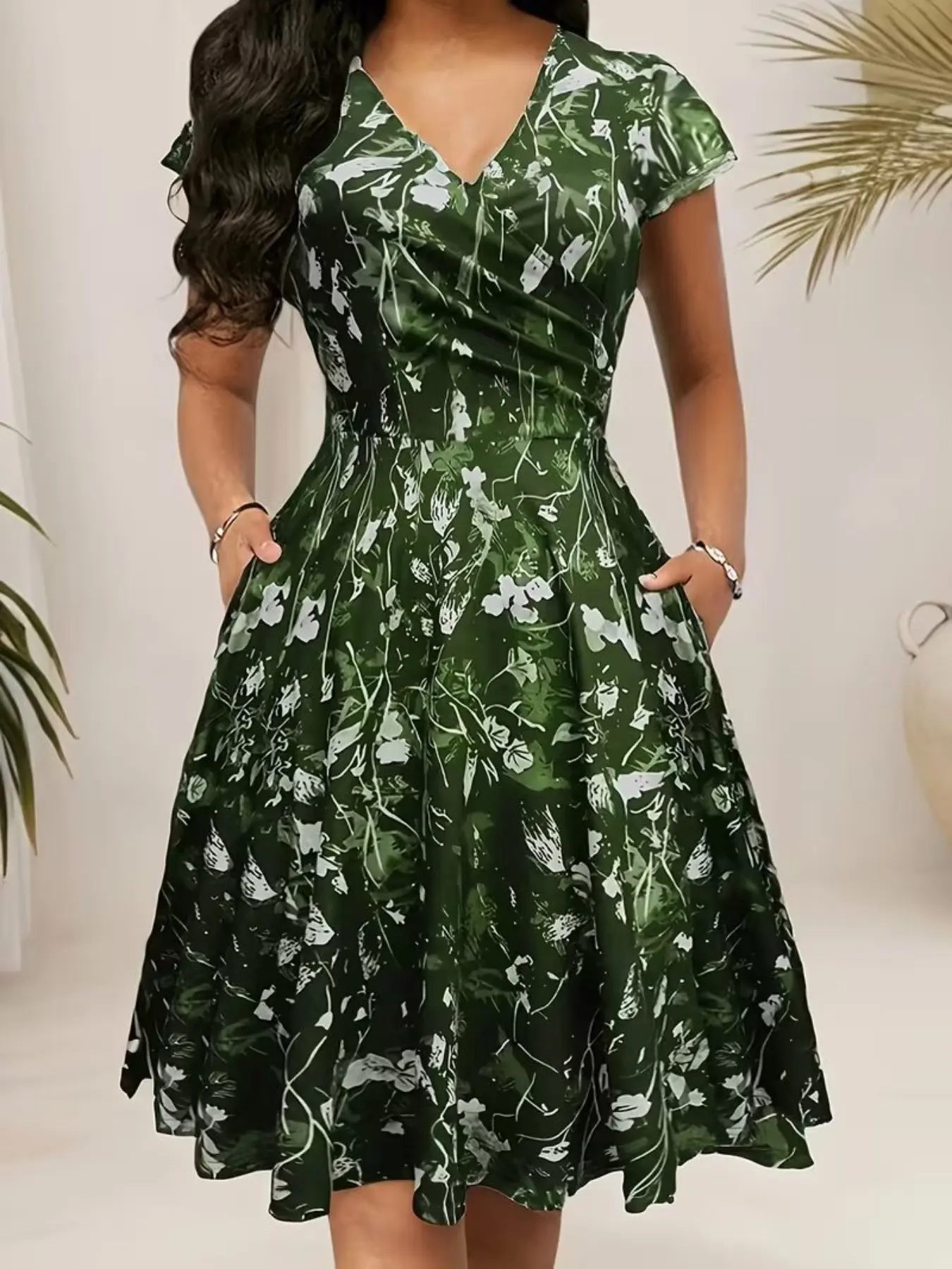 Elegant Floral Abstract Geometric Print V-Neck Midi Dress, Pocket Design, Casual Daily Wear, Spring & Fall Fashion, Fitted Style, Chic Womenswear, Lady, Vneck
