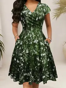 Elegant Floral Abstract Geometric Print V-Neck Midi Dress, Pocket Design, Casual Daily Wear, Spring & Fall Fashion, Fitted Style, Chic Womenswear