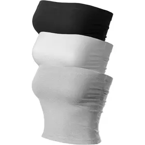 Women's 3 Pack Casual Summer Ruched Side Backless Double Layered Tube Top with Built in Shelf Bra