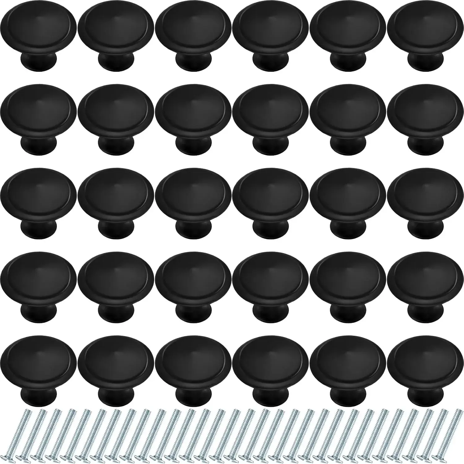 30 Pieces Round Kitchen Cabinet Door Knobs Black 1.2 Inch Cupboard Knob Solid Kitchen Drawer Pulls Cabinet Door Cupboard Hardware Dresser Handles with Screws for Dresser Drawer