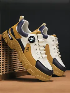 Men's Khaki - Blue Knob Work Shoes, Retro Functional Style, Leather - spliced Material, Knob Lock for Easy Wear, Ideal for Daily Commute & Outdoor Outings
