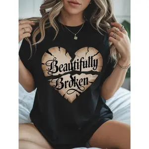 Women's Casual Crewneck T-shirt with "BeautifulBroken" Heart Print, Regular Length, Trendy Summer Tee CottonFashion 	 Unisex T-shirts M-5XL