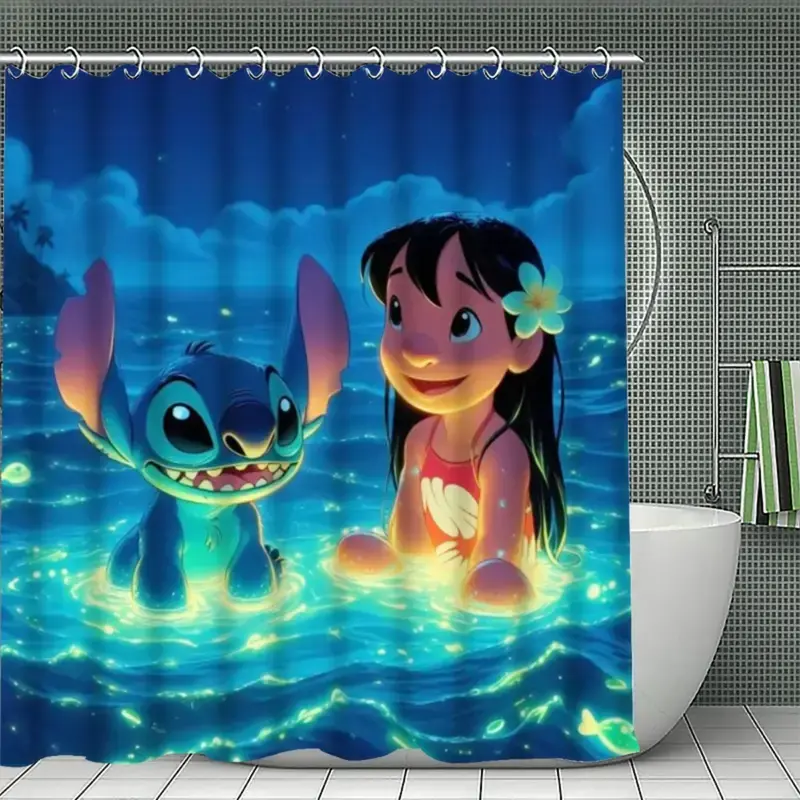 Disney Classic Lilo and Stitch Waterproof Shower Curtain, Digital Printing Watercolor Oceanic Adventure Design, Blue Artistic Tropical Island Vibes, Durable Fabric Easy Care Bathroom Home Decor, New Home Gift