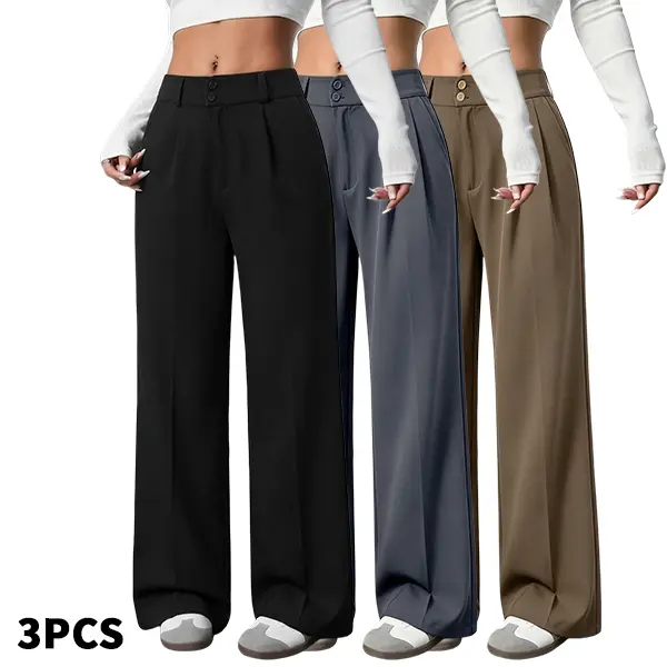Women’s wide-leg pants, 3-pack high-waisted pleated long trousers with a fluid straight cut, suitable for pairing with cropped tops for work and casual wear, basic fabric, bottoms, women’s long pants, work pants, office attire