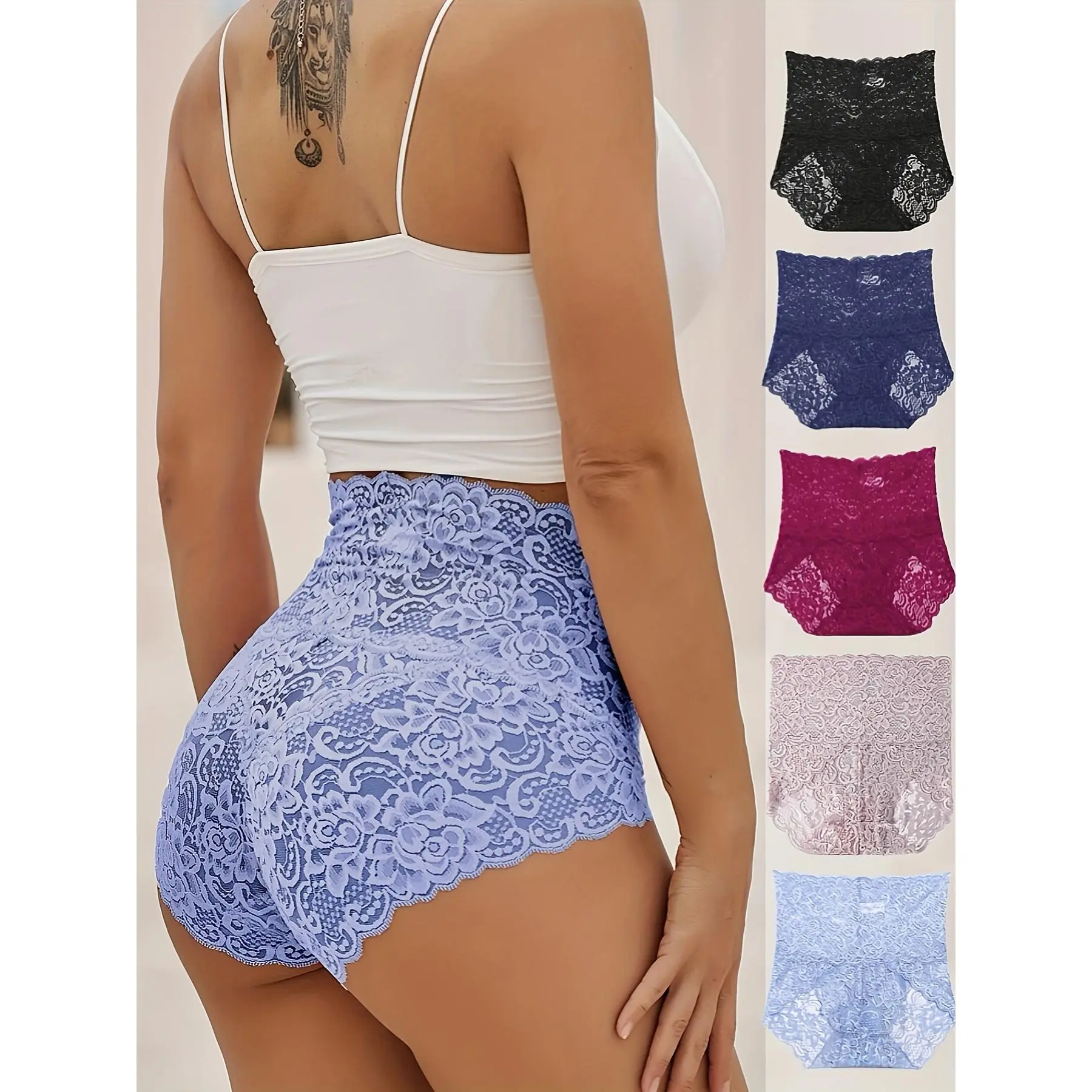 Women's 5-Pack Minimalist Mid-Waist Cheeky Cut Plain Sheer Trim Lace Panties - Sexy, Colorful, Stretchy, Comfortable, Lightweight Elastic Briefs for Women's Clothes