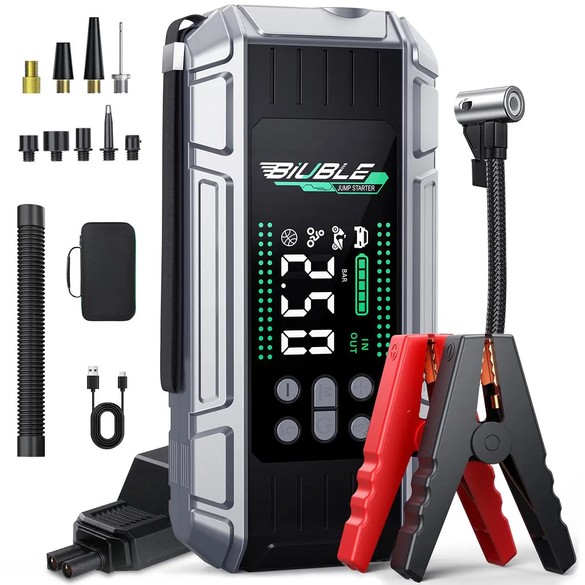 BIUBLE 10000A Multifunctional Portable Car Jump Starter with 26800mAh Battery, 150PSI Tire Inflator & Air Blower, 65W PD Fast Charging Laptop Power Bank, Emergency Battery Booster with Vehicle Accessories